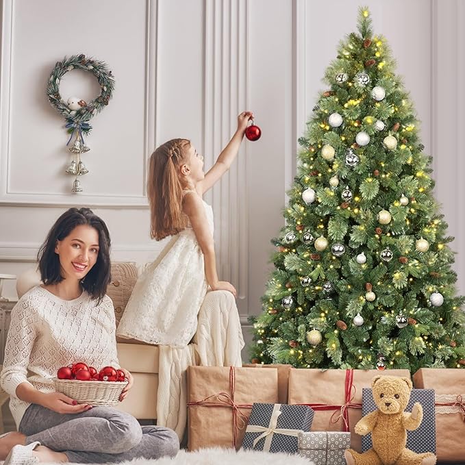 Kadunmina 8ft Prelit Christmas Tree, Artificial Carolina Pine Christmas Tree with 820 Warm White Lights, Pine Cones, 1897 Branch Tips and Metal Stand for Home, Office, Holiday Party Decoration