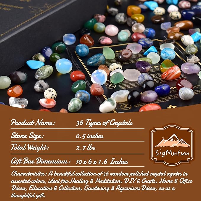 Polished Healing Crystal Stones Set – 36 Different Natural Gemstone Types, 2.5 lbs of 0.5" Tumbled Decorative Rocks Collection for Chakra, Meditation, Reiki, Energy Work, Crafts, Gifts