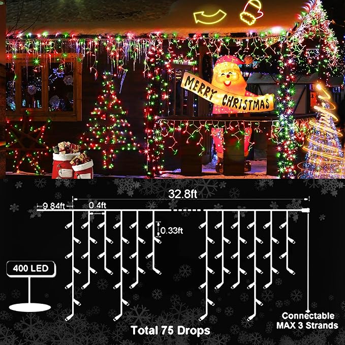 KNONEW Christmas Lights Outdoor Decorations 400 LED 33ft 8 Modes Curtain Fairy String Light with 75 Drops, Clear Wire LED String Light Indoor Decor for Wedding Party Christmas (Red and Green)