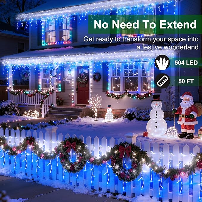 504 LED Christmas Lights with 112 Drops, 50ft 12 Modes Blue and White Fairy String Lights with Timer Dimmable, Waterproof Twinkle Lights for Indoor Outdoor Holiday Wedding Party Eaves Yard Yard Decor
