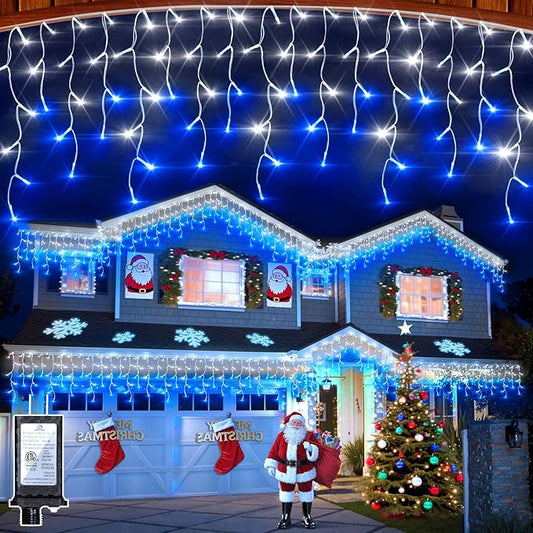 810 LED Christmas Lights with 180 Drops, 82ft 12 Modes Blue and White Fairy String Lights with Timer Dimmable, Waterproof Twinkle Lights for Halloween Indoor Outdoor Holiday Wedding Party Eaves Decor