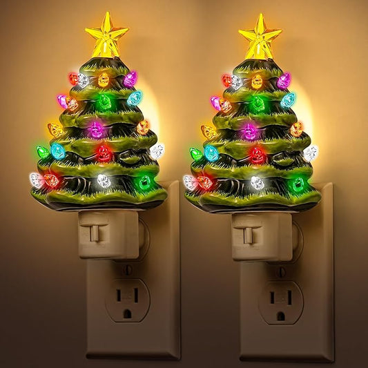 DORESshop Christmas Tree Night Light, 3000K Night Lights Plug into Wall, Cute & Funny Ceramic Christmas Decor Night Light for Kids, Plug in Nightlight with 360° Rotatable, Holiday Party Decor, 2 pack