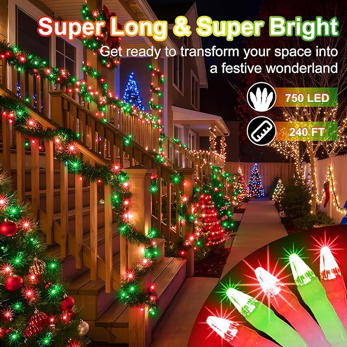 750 LED 240FT Christmas String Lights Outdoor, 12 Pro Modes and Timer Memory & Brightness, Plug in Outdoor Waterproof Clear Wire Twinkle Light for for Xmas Yard Tree Wedding Party Decor (Red & Green)