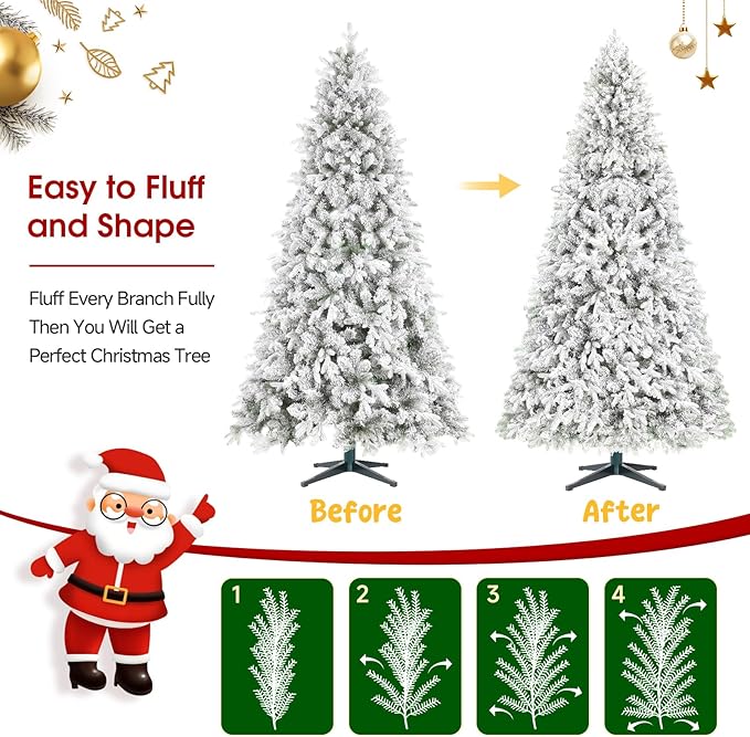 7.5ft Pre-Lit Snow Flocked Rotating Christmas Tree with 470 Multi-Color LED Lights, 1470 PE & PVC Tips - Realistic Artificial Tree for Holiday Decor