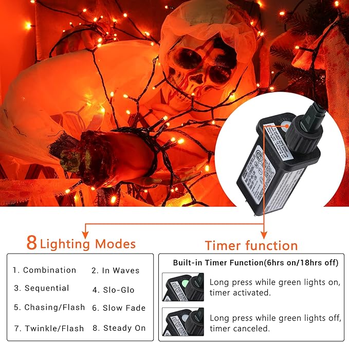 Toodour Halloween Orange Lights, 131ft 350 LED Plug in String Lights with 8 Modes and Timer, Connectable, Waterproof Halloween Outdoor Lights for Home, Party, Garden,Holiday Decorations