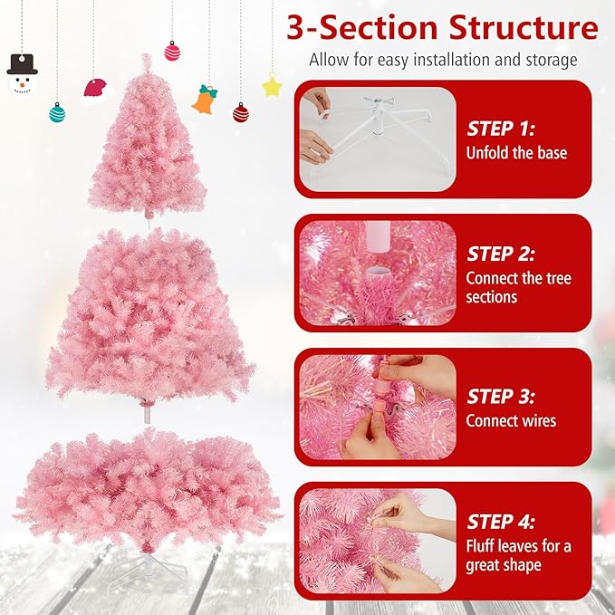 Goplus 6 FT Pre-Lit Tinsel Christmas Tree, Artificial Hinged Xmas Tree with 250 Warm White LED Lights, 8 Modes, 688 Lush Branch Tips, Metal Stand, Home Office Seasonal Holiday Decoration, Pink