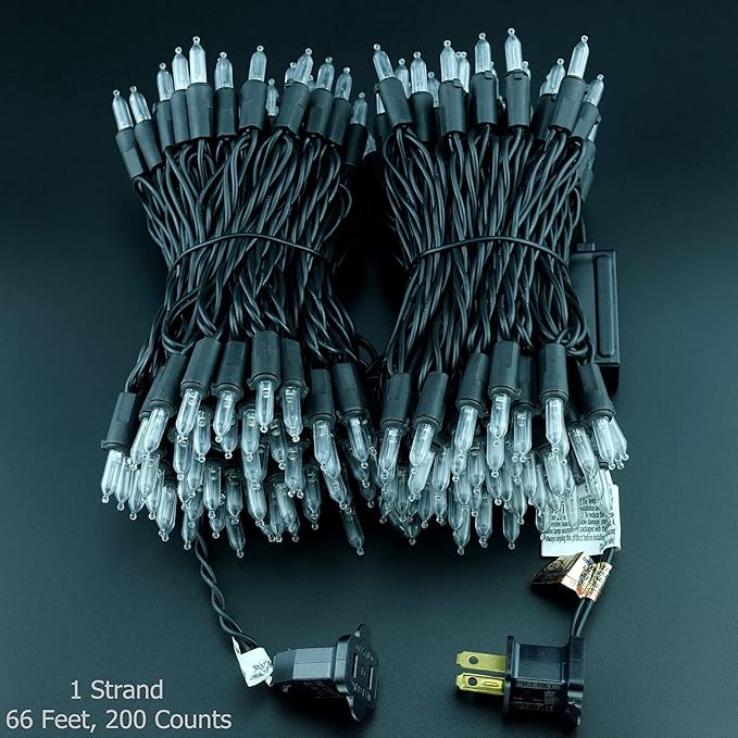 YULETIME 200 Warm White LED Christmas Lights, 66 Feet Black Wire UL Certified Commercial Grade Holiday String Light Set