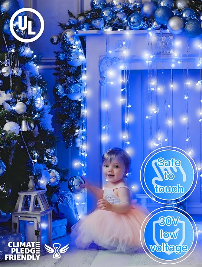 33FT 100 LEDs String Lights Waterproof Fairy Lights 8 Modes with Memory 30V UL Certified Power Supply for Home, Garden, Wedding, Party, Christmas Decoration Indoor Outdoor (Cool White+Blue)