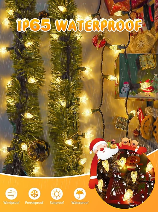 C6 Solar Christmas Lights Outdoor, 50 LED 16FT Christmas Decorations Outdoor Waterproof, Solar String Lights for Outside with 8 Modes, Fairy Twinkle Light for Tree Party Garden Xmas Decor (Warm White)