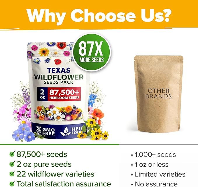 HOME GROWN Texas Wildflower Seeds 87,500+ Non-GMO Perennial Wildflower Seeds Mix for Attracting Bees, Birds & Butterflies - 22 Varieties Bulk Wild Flower Seed Mix for Full Sun & Shade Gardens (2 oz)