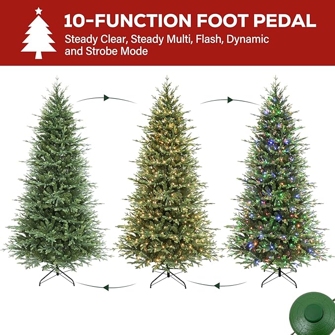 Hykolity 7.5 ft Prelit Christmas Tree, 2933 PE&PVC Realistic Branch Tips, Frasier Grande Christmas Tree with 450 Color Changing Twinkly LED Lights, Metal Stand and Hinged Branches, 10 Colors