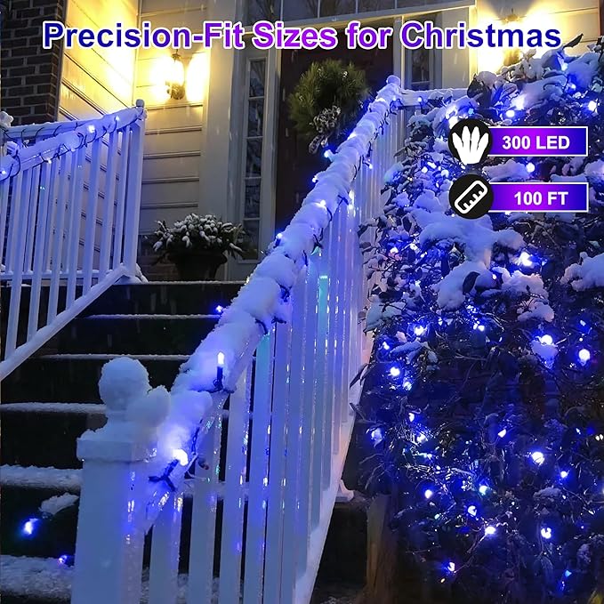 300LED Christmas Lights Indoor Outdoor Use Green Wire, 8 Lighting Modes 100FT Christmas Tree Lights with Timer & Memory, IP44 Waterproof for Tree Xmas Patio Yard Fence Balcony Garden Decor Blue