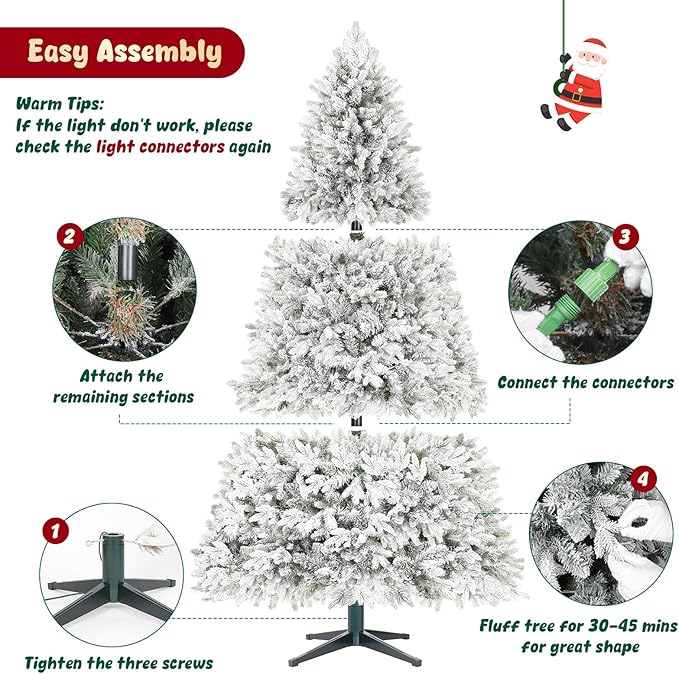 Thalassophile 6.5ft Pre-Lit Flocked Christmas Tree with Rotating Stand, Prelit Rotating Artificial Hinged Xmas Tree with Remote, 340 Lights Warm White & Multi Color, 1036 Branch Tips, Snow Flocked