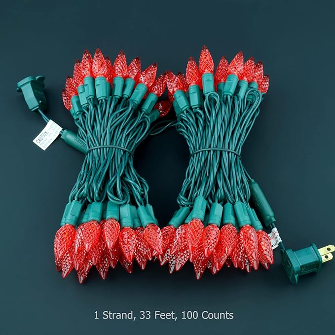 YULETIME Red C6 Strawberry LED Christmas Lights, 33 ft 100 Count 4" Spacing One-Piece High Waterproof UL Certified String Light (Red)