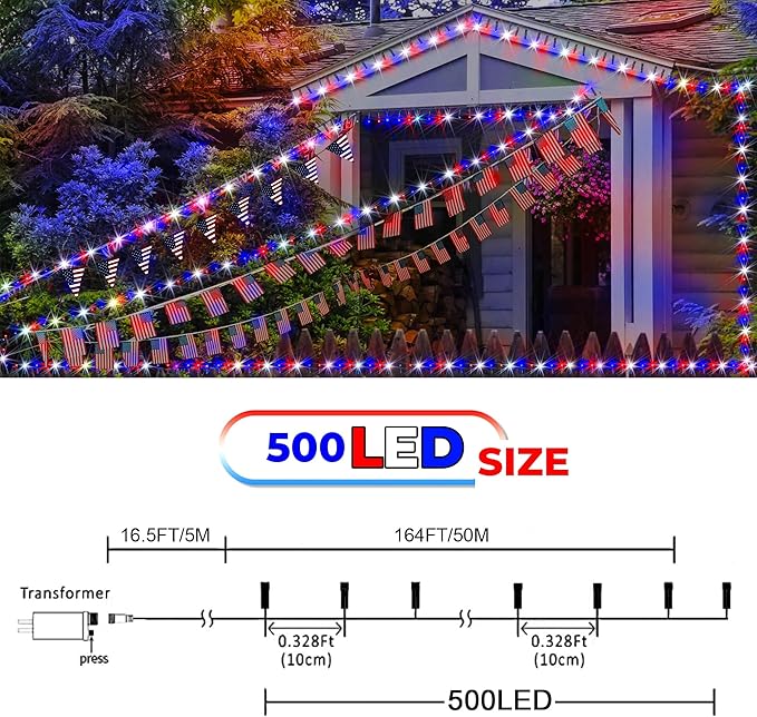 4th of July Patriotic Decoration, 500 LED Red White and Blue Lights with 8 Modes, Outdoor Waterproof String Lights for Fourth of July, Memorial Day, Independence Day Decor