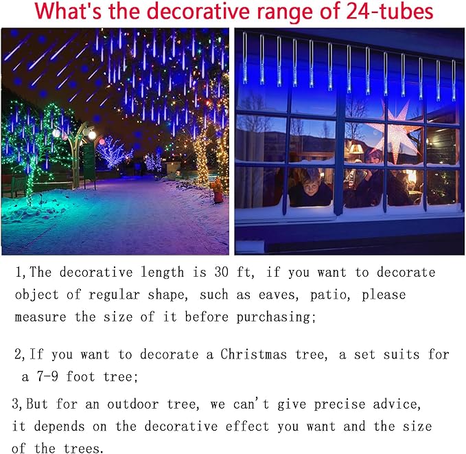 Kwaiffeo Outdoor Christmas Decorations, 24 Tubes(Equivalent to 3 Sets of 8-Tubes) LED Meteor Shower Lights for Xmas Halloween Decor Yard Lawn Outside Party, Outdoor Lighted Christmas-Themed Ornaments