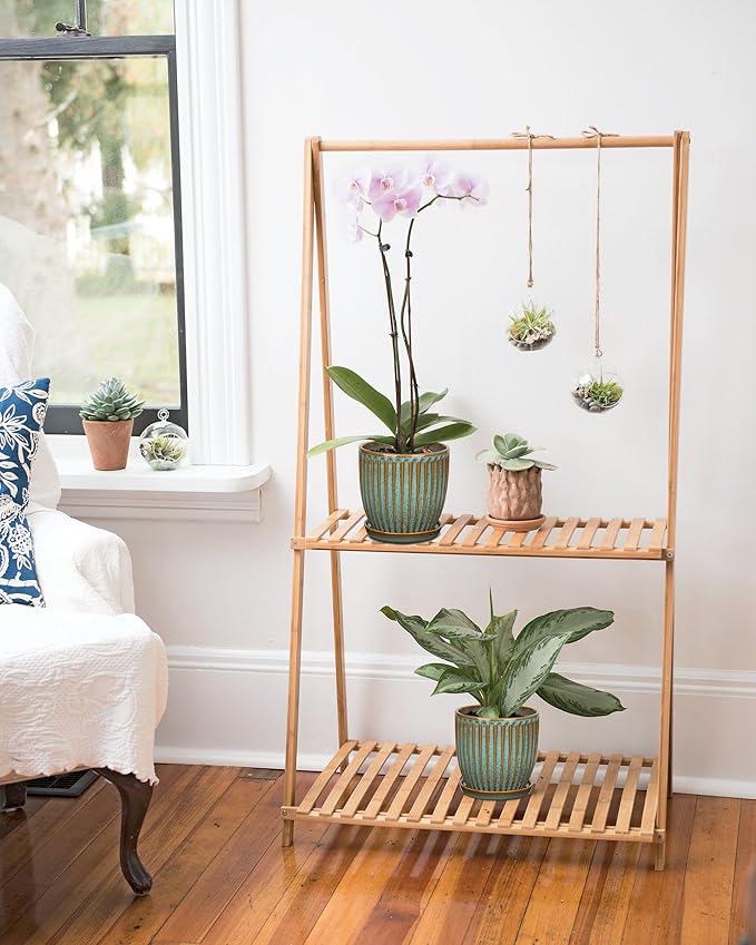 Oairse Ceramic Pots for Indoor Plants, 4.9 + 5.7 Inch Set of 2 Bluish Grey With Drainage Holes and Saucers, Texture Planters for Succulent, Indoor Outdoor Flower