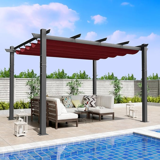 Kozyard Morgan Outdoor Retractable Pergola with Sun Shade Canopy Patio Aluminum Pergola Shelter for Backyard Deck Garden Modern Metal Grill Gazebo (10' x 12', Burgundy)
