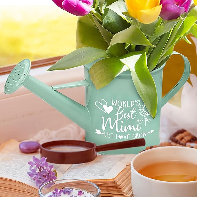 Hexagram Mimi Gifts for Grandma, Mimi Birthday Gifts, Gardening Present for Grandma, Mint Metal Watering Can for Nana, Best Gigi Present from Grandkids, Christmas Mothers Day Garden Decor