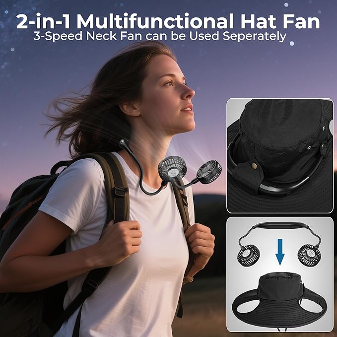 2-in-1 Hands-Free Hat Fan Neck Fan UPF 50+ Wide Brim Sun Hat 16Hrs Running 3-Speed Fishing Essentials for Men Women