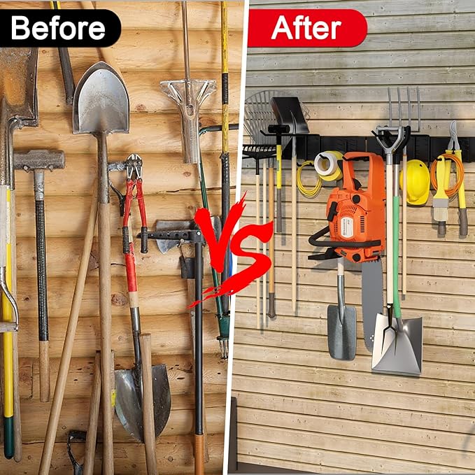 32 Inches Garage Organization,Wall Mount Garden Tool Organizer, 440lbs Adjustable Heavy Duty Metal Hanging Hooks, Garden Tool Hangers Storage Rack for Garage, Yard, and Shed (2 Racks, 6 Hooks)