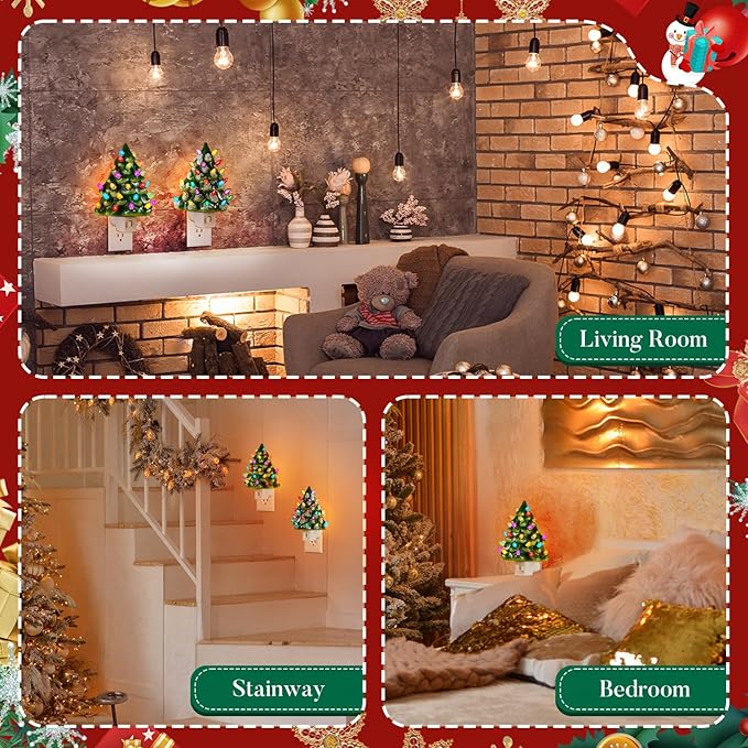 Tfro & Cile Ceramic Christmas Tree Night Light 2 Pack Xmas Decorative Tree Lamp Small Vintage Light Up Bathroom Decor with On/Off Switch for Home Bedroom