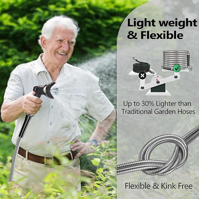 65 ft Garden Hsoe - 2025 New 304 Stainless Steel Garden Hose with 10-Function Spray Gun, 3/4'' Copper-Chrome Fittings – Lightweight, Durable, and Kink-Free, Metal Water Hoses for Gardening