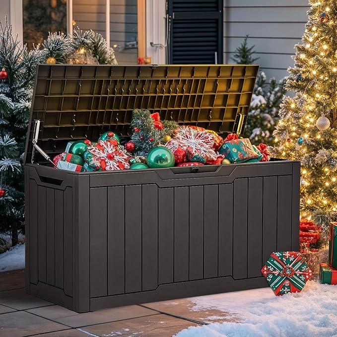 YITAHOME 100 Gallon Outdoor Storage Box, Large Water Resistant Resin Deck Box, Indoor Outdoor Lockable Storage Container for Patio, Garden, Cushions, Tools, Equipment (Dark Brown)