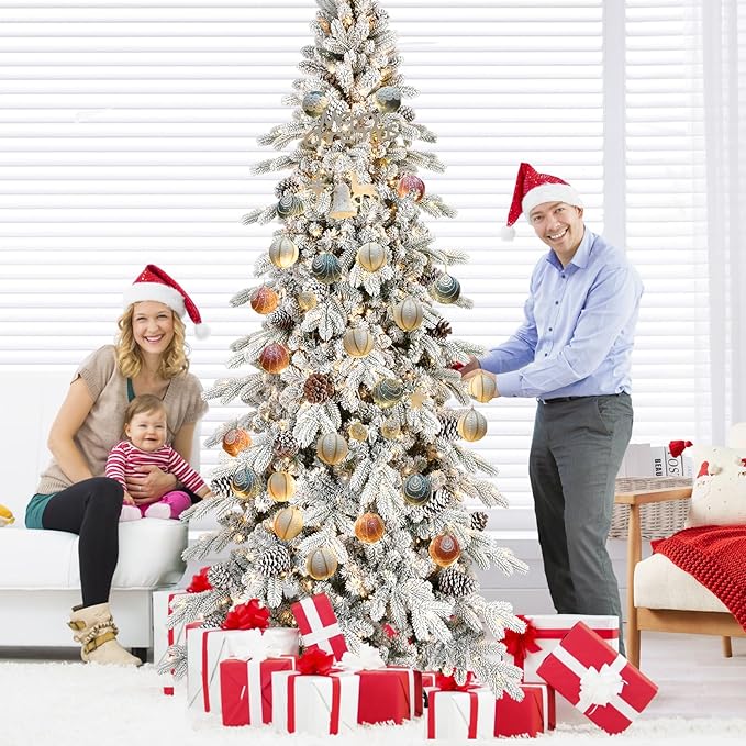 8 FT Pre-Lit Snow Flocked Slim Fir Christmas Tree with 1634 PE & PVC Mixed Branch Tips,Artificial Skinny Pencil Xmas Tree with 1000 Warm-White Lights & 44 Pine Cones,Hinged Pine Tree with Metal Stand