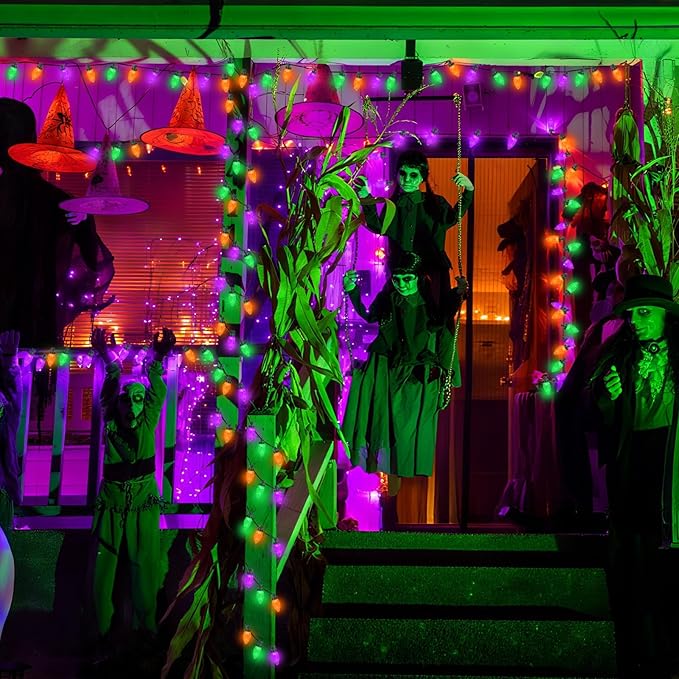 KAQ 2PK 100LED Orange Purple and Green C9 Halloween Lights Waterproof Indoor Outdoor, Extendable 98FT String Lights Plug in with 13 Lighting Modes, Halloween Decorations for Party, Outside Yard Decor