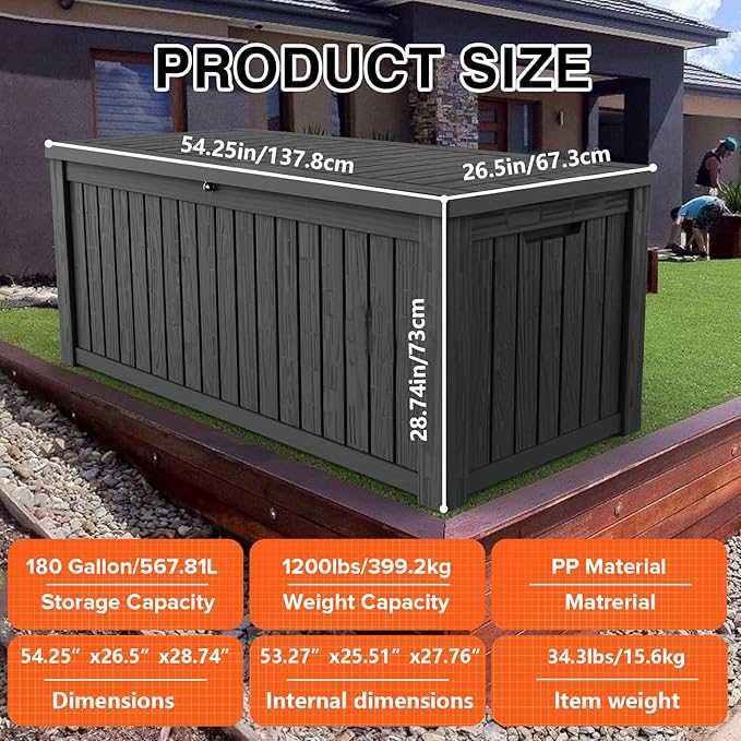 TARKARI 180 Gallon Lockable Resin Deck Box, Waterproof & UV-Resistant Outdoor Storage Box for Outdoor Cushion Storage, Garden Tools & Pool Accessories Storage, Black