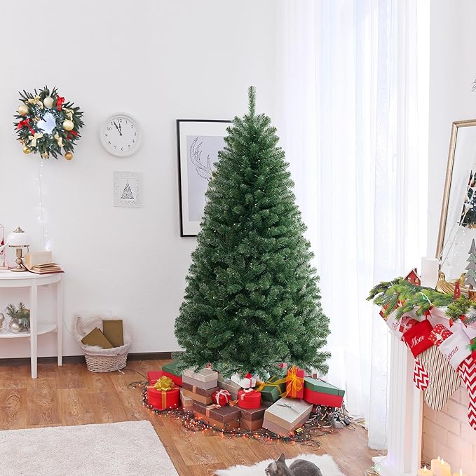 GOFLAME 6FT Prelit Artificial Christmas Tree, Hinged Xmas Tree with 568 Branch Tips, 200 Warm White LED Lights, 8 Lighting Modes, Holiday Decoration Tree for Home Office Party