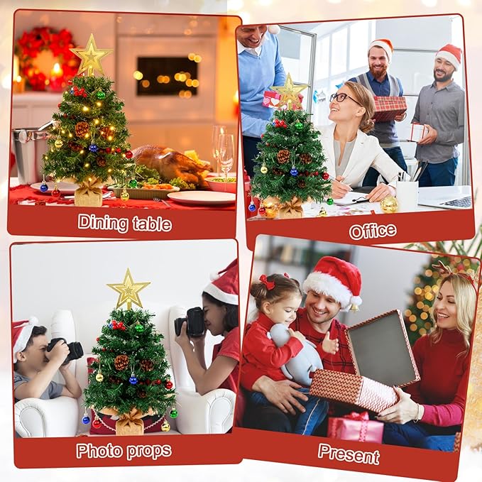 Uten Mini Christmas Tree Small Christmas Balls Round Pine Cones/red Fruits/Gift Box, Treetop Star 50 LED Waterproof Battery Box with Red Cement Base Christmas Decorations for Home, Office, Party