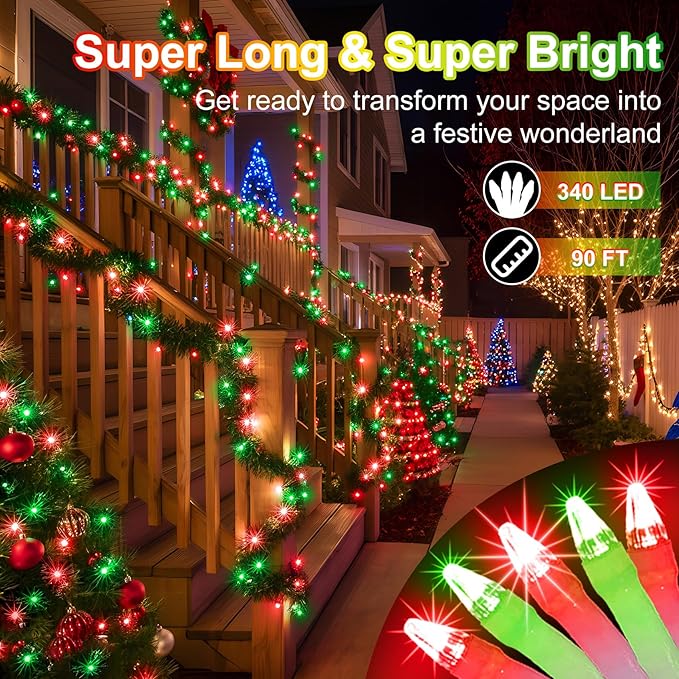 340 LED 90FT Christmas String Lights Outdoor, 12 Pro Modes and Timer Memory & Brightness, Plug in Outdoor Waterproof Clear Wire Twinkle Light for for Xmas Yard Tree Wedding Party Decor (Red & Green)