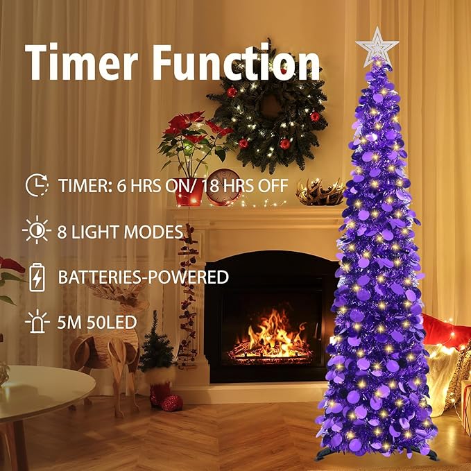 HMASYO 5 FT Pop Up Christmas Tree with Timer Lights, Purple Christmas Tinsel Tree, Collapsible Artificial Pencil Christmas Tree for Indoor Home Apartment Porch Holiday Party Decorations
