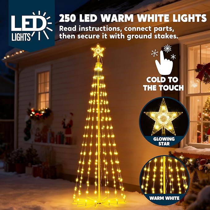 JOIEDOMI LED Christmas Cone Tree Lights, 6FT Outdoor Lighted Tree with 8 Lighting Modes & Star Topper, Christmas Decorations for Yard Porch Patio Garden Holiday Decor, Multicolor