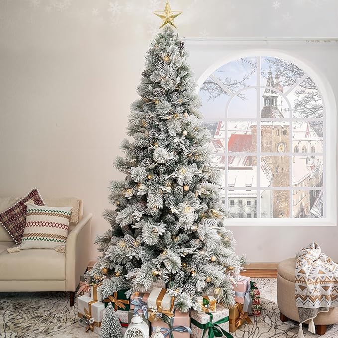 Darla 6.5ft Snow Flocked Rotating Christmas Tree with Star Projector, 35 Pine Cones, 674 Branch Tips, 300 Warm Lights and Rotating Base, 44" Wide Snowy Frosted Pine Christmas Tree with Lights