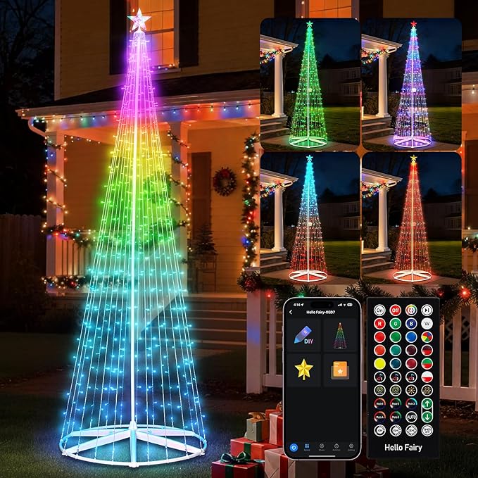 Brightown Smart Christmas Cone Tree LED Light, 12FT 443 LED Music Sync with Remote APP and Local Control, Pattern and Text Displayable, 16 Million Colors Light Show Tree for Indoor Outdoor Decorations