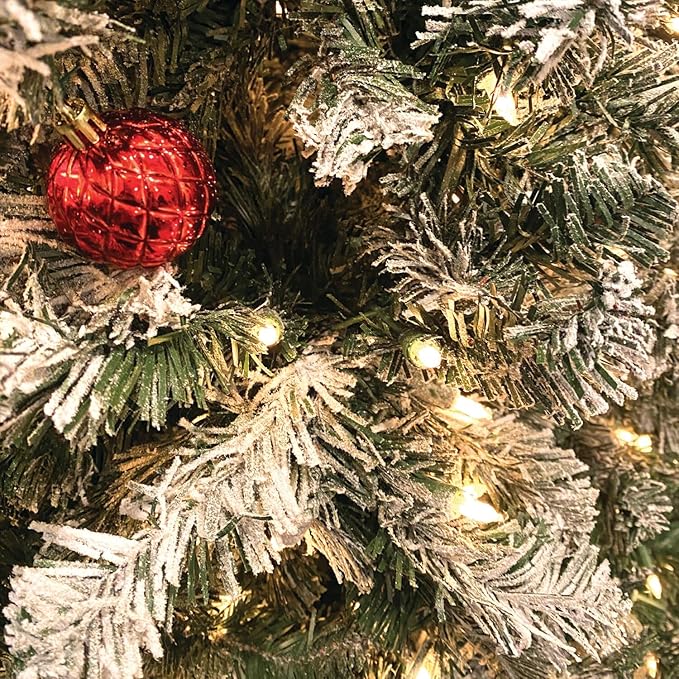 Fraser Hill Farm 7.5-Ft. Alaskan Pine Flocked Artificial Christmas Tree with White Incandescent Smart Lights and Stand, Prelit Foldable Fake Tree with Realistic Snowy Foliage for Home Decoration