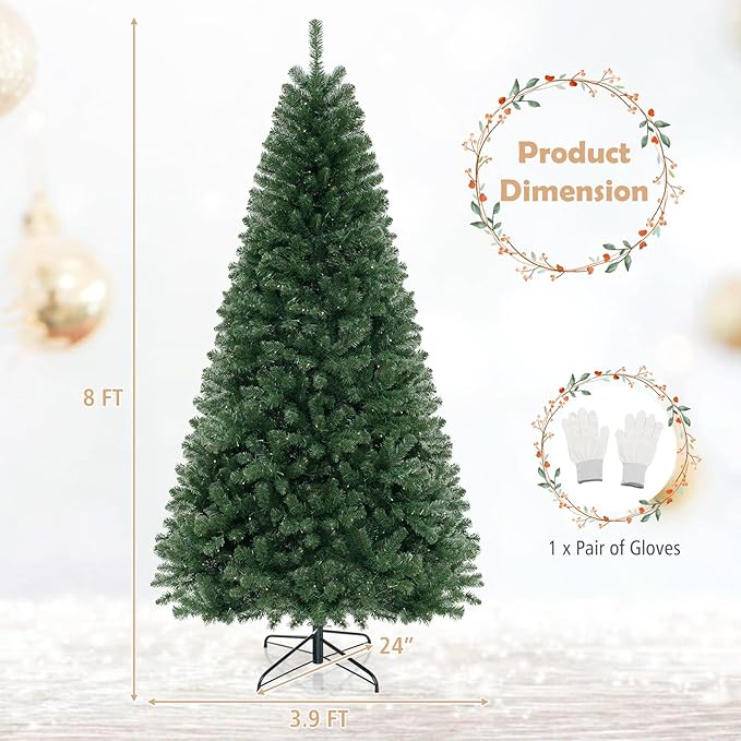 GOFLAME 8FT Prelit Artificial Christmas Tree, Hinged Xmas Tree with 1182 Branch Tips, 400 Warm White LED Lights, 8 Lighting Modes, Holiday Decoration Tree for Home Office Party