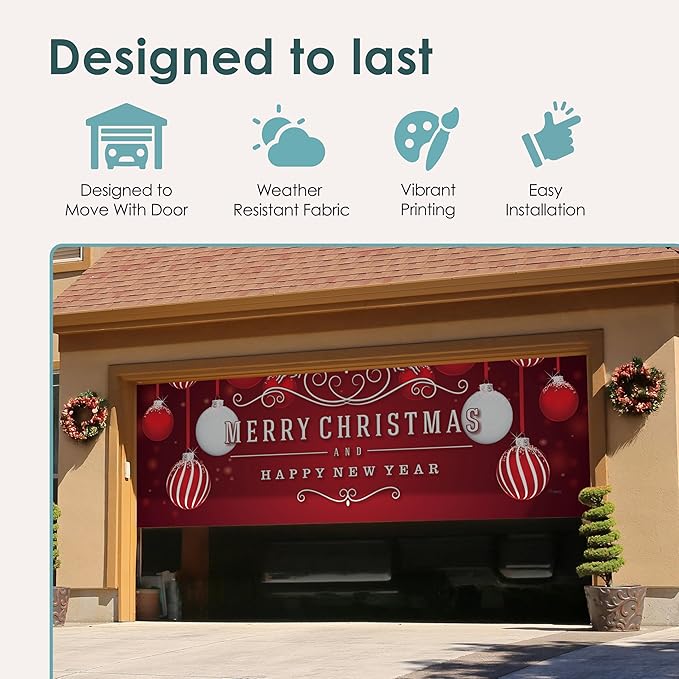 7' x 16' Timeless Red and White Ornaments Christmas Garage Door Banner - Designed to Move with Door | Elegant Holiday Double Garage Door Decoration