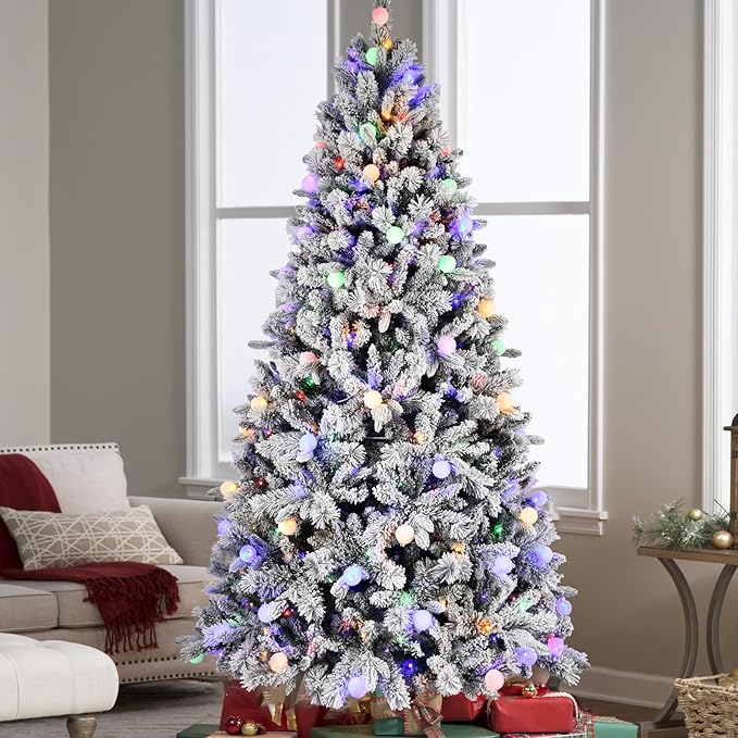 7.5FT Prelit Flocked Christmas Tree with 400 Two Color LED Lights and 45 Colorful Bauble Lights, 10 Flashing Modes, Pre Lit Artificial Christmas Tree with Snow and Memory Wire Technology for Holiday