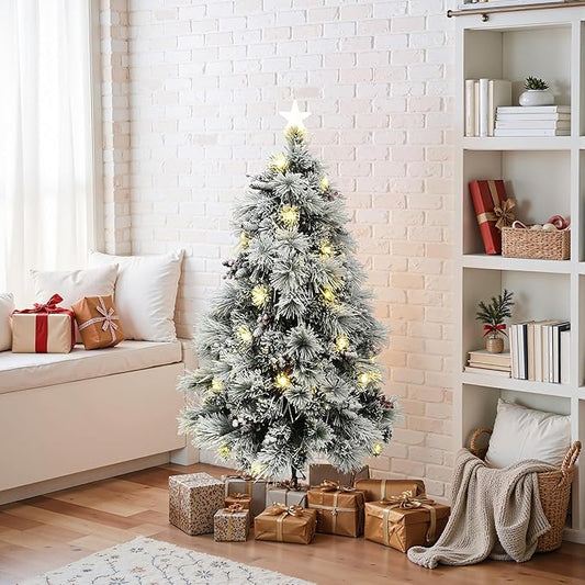 LuxenHome 5FT Flocked Christmas Tree, Christmas Tree with Lights, Pine Cones and Red Berries, White Artificial Trees with 75 LED Lights, 193 PVC and Bristle Tips for Living Room, Entryway Decor