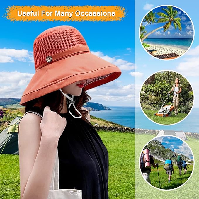 Women Wide Brim Sun Hats Metal Wired Edge Summer UV Protection Beach Fishing Hat for Hiking Garden Travel Chin Strap