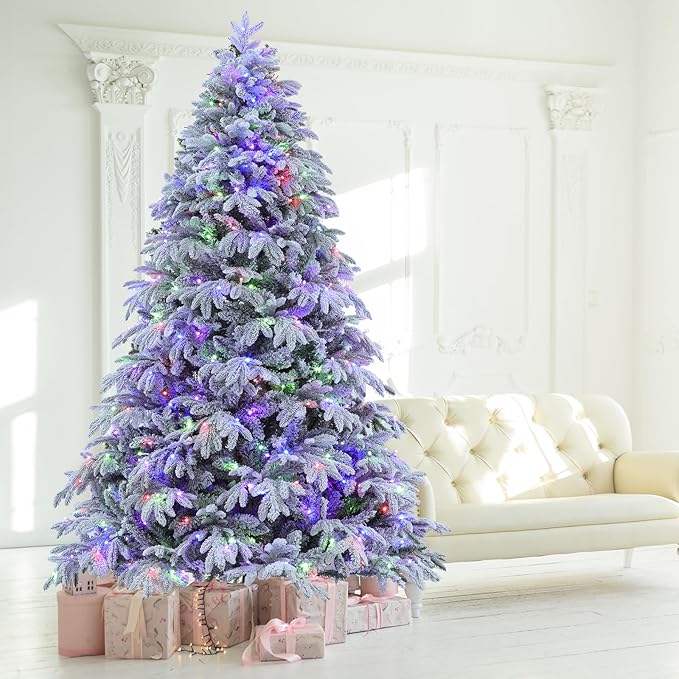 Flocked Spruce Artificial Christmas Tree - 7.5 ft Prelit with 10 Functions Colorful Lights & 2700 Realistic Tips, Firm Metal Stand & 400 Lights, Easy Assembly