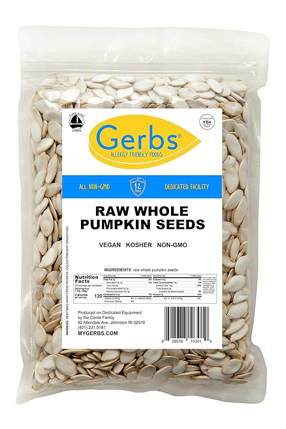 Gerbs Raw Whole Pumpkin Seeds 1 lb. | In-Shell, 10.5 mm Size, Resealable Bag | Mildly Nutty & Crunchy | Top 14 Allergen-Free