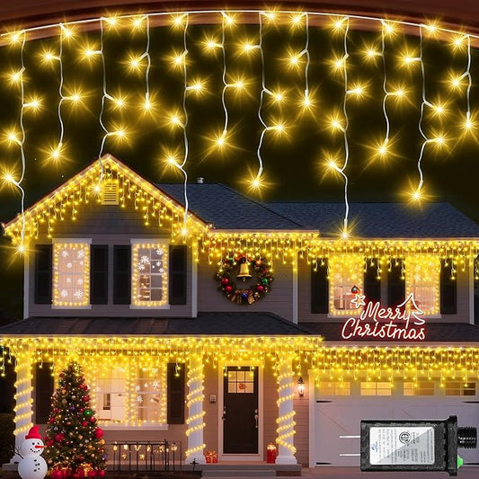 612 LED 60ft Christmas Lights with 136 Drops, 12 Lighting Modes Warm White Christmas Decoration Twinkling Lights Dimmable, Timer Outdoor Waterproof Fairy Lights for Indoor Garden House Eaves Roof