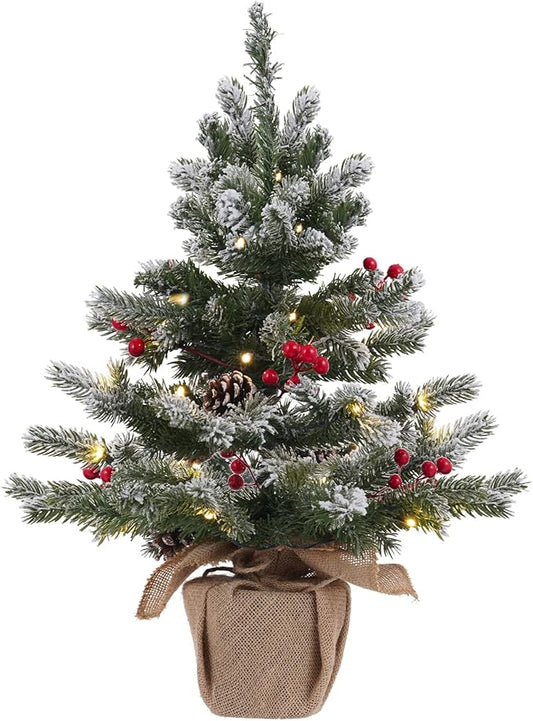 24 Inch 2 FT Pre-lit Snowy Mini Christmas Tree, DECSPAS Small Tabletop Flocked Christmas Tree with 20 LED Lights Red Berries Pine Cones and Cloth Bag Base Xmas Decorations for Holiday Party (Color A)