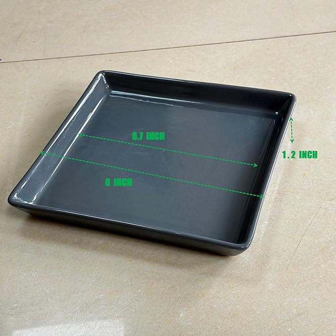 Square Plant Saucer 8 Inch 2 Pack，Plant Trays for Pots, Gray Ceramic Plant Saucers for Indoors Outdoors, Plant Drip Tray 4 6 8 10 12 14 Inch