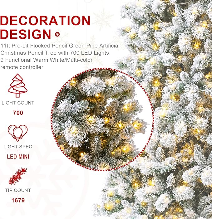 Glitzhome 11ft Pre-Lit Flocked Pencil Artificial Christmas Tree, Portland Snowy Pine Pencil Christmas Tree with 700 LED Lights, 9 Functional Warm White/Multi-Color, Remote Controller